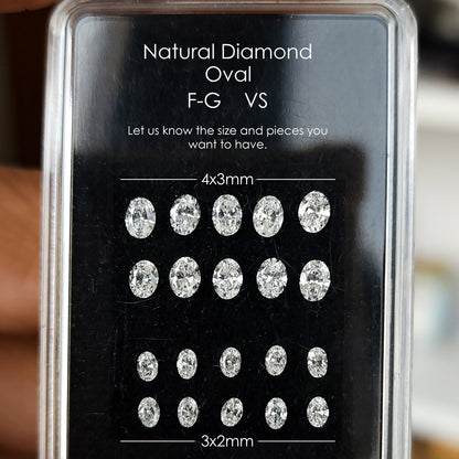 Oval diamond stock display labeled 4x3mm above the larger stones and 3x2mm below the smaller stones.