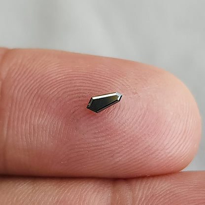 One black shield diamond resting on a fingertip, showing a dark central face and bright border facets.
