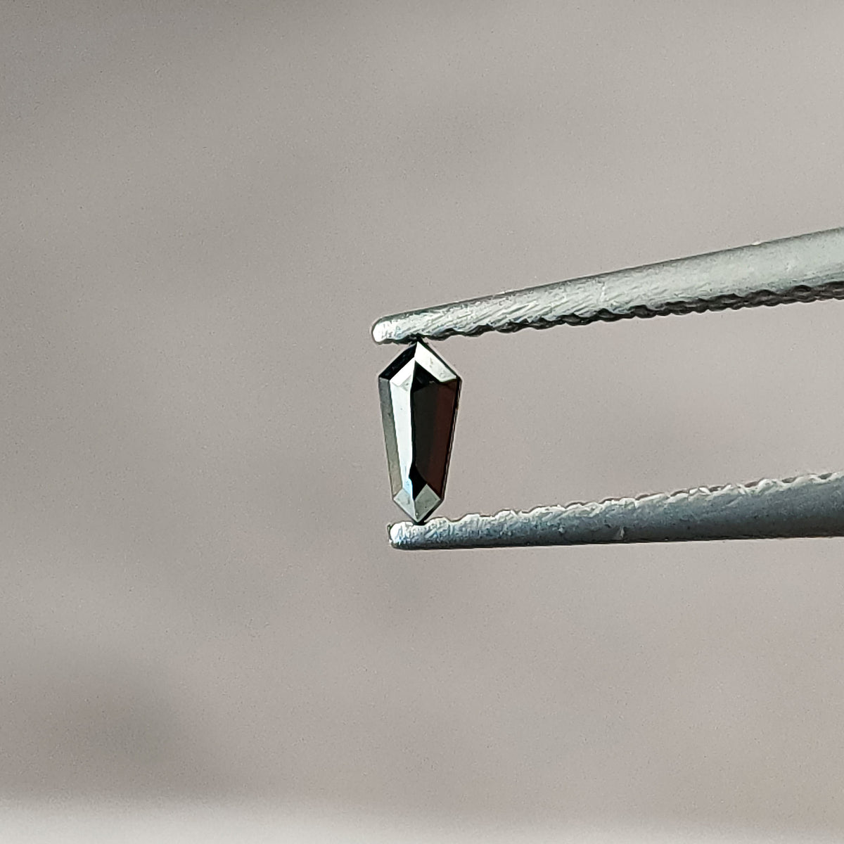 Single black shield diamond at an angle in tweezers, showing its elongated outline and changing facet reflections.