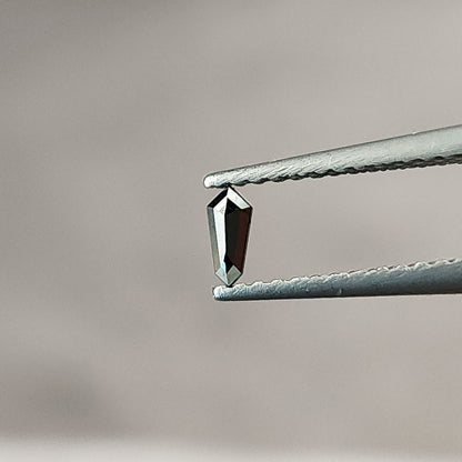 Single black shield diamond at an angle in tweezers, showing its elongated outline and changing facet reflections.