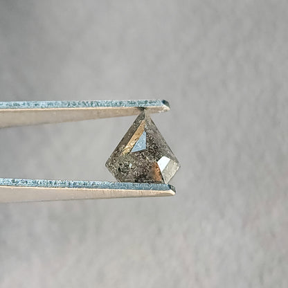 Shield-shaped salt and pepper diamond in tweezers, with pale lower facet reflections and dark inclusions.