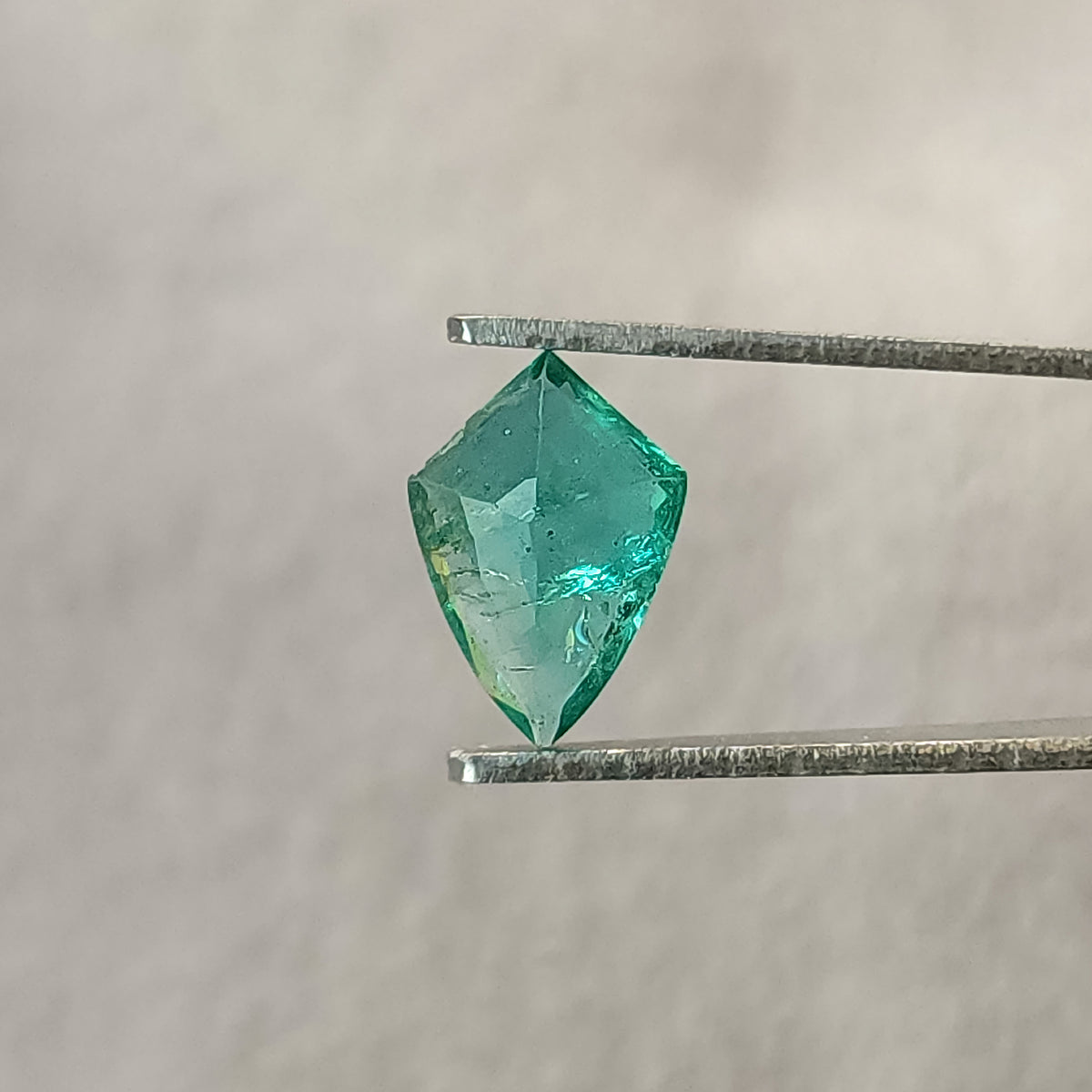 Reverse pavilion of a green shield-shaped emerald in tweezers, with converging pale facets and the long point downward.