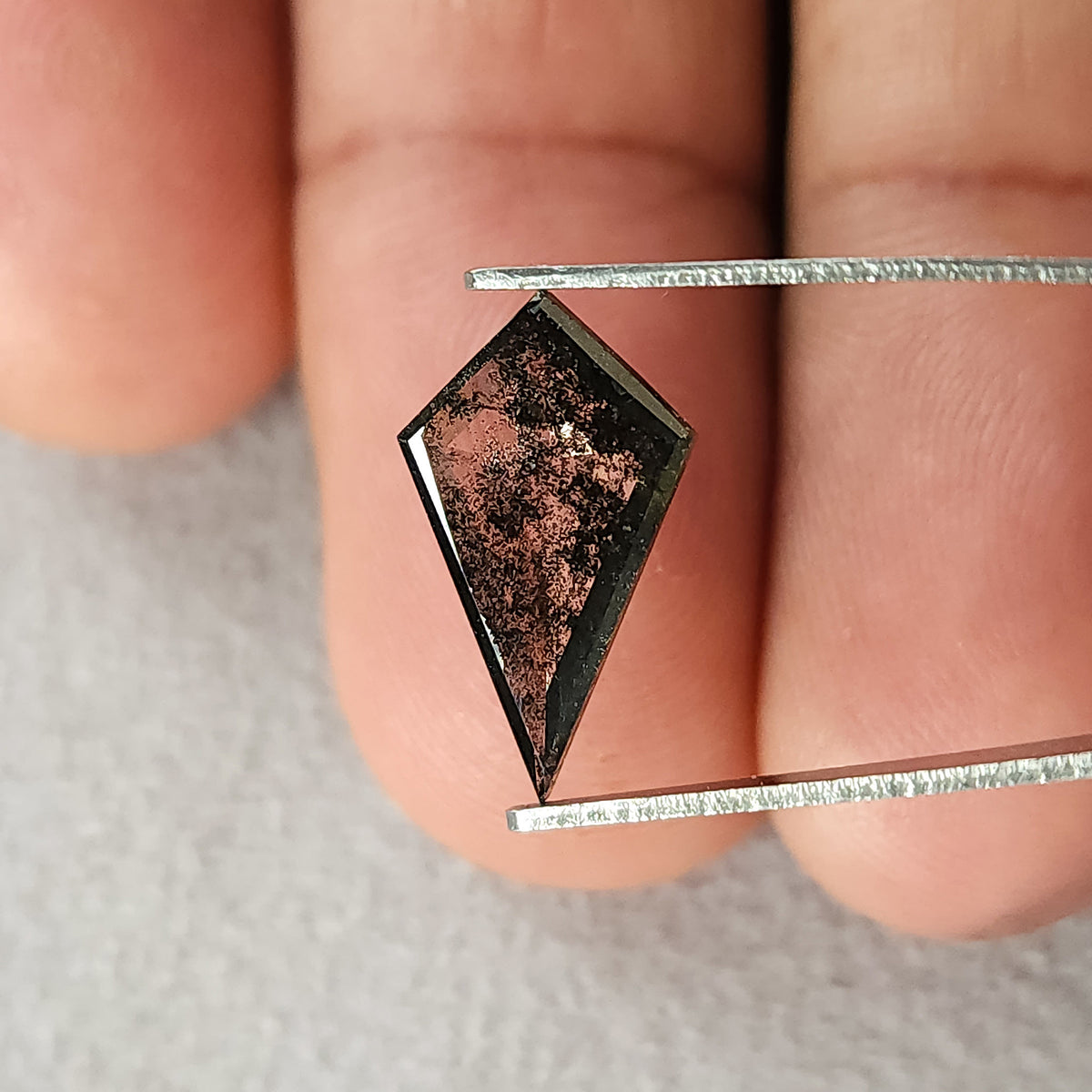 Speckled black and grey kite-shaped gemstone held face-up in tweezers, positioned directly in front of fingers.