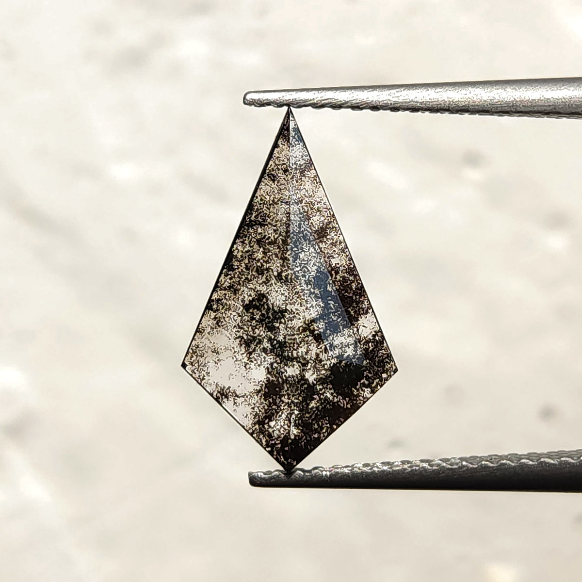 Straight face-up view of a kite-shaped speckled black and clear gemstone held in metal tweezers against a bright, light surface.