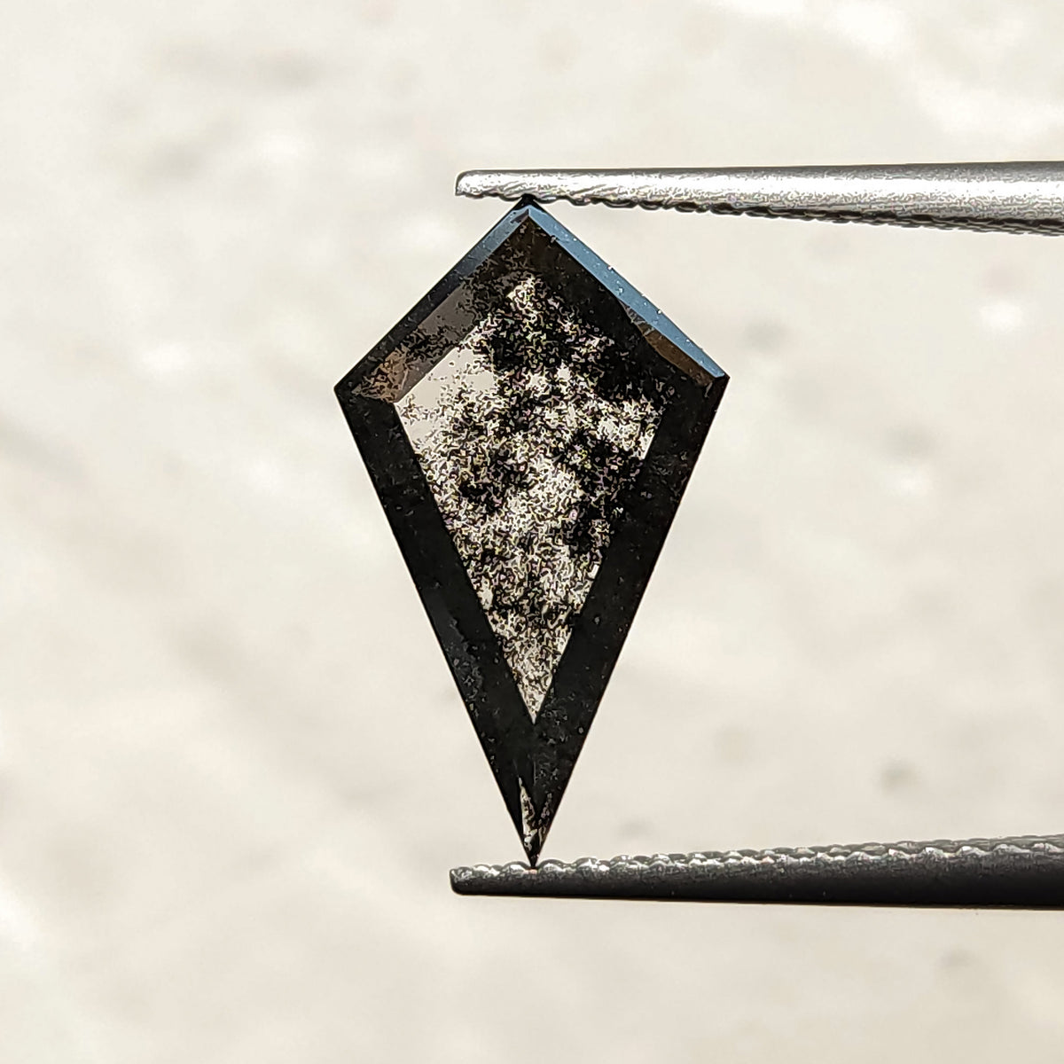 Angled view of a highly speckled dark grey and black kite-shaped gemstone in tweezers, set against a bright blurred background.