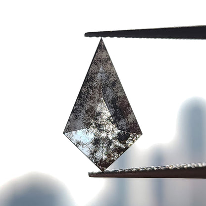 Backlit face-up view of a kite-shaped gemstone held in tweezers, revealing detailed dark speckling through its transparent body.