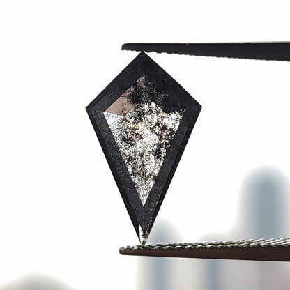 Backlit tilted view of a kite-shaped grey and black gemstone held in tweezers, contrasting dense internal speckles with a bright sky.
