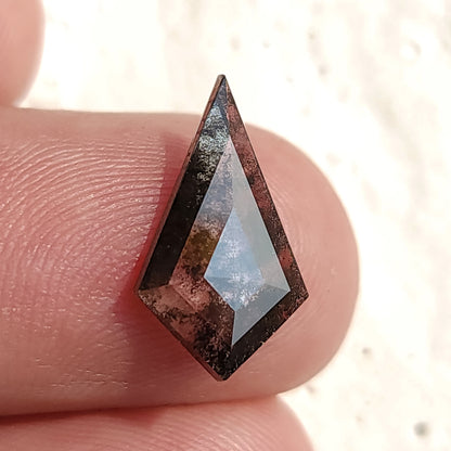 Close-up macro view of a speckled dark kite-shaped gemstone resting flat on a fingertip, showing clear geometric surface facets.