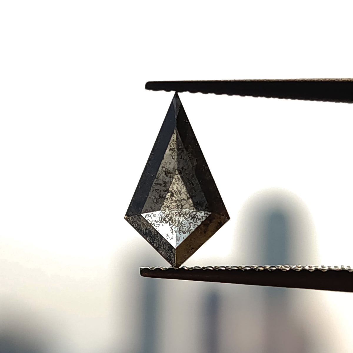 Face-up view of a kite-shaped salt and pepper diamond held in metal tweezers against a bright, softly blurred background.