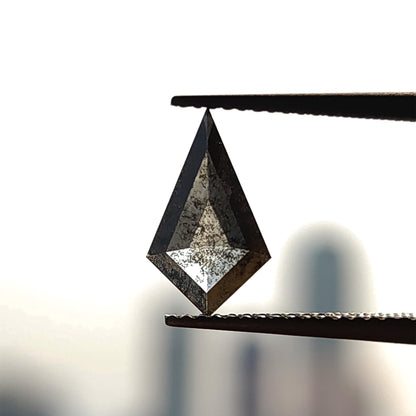 Face-up view of a kite-shaped salt and pepper diamond held in metal tweezers against a bright, softly blurred background.