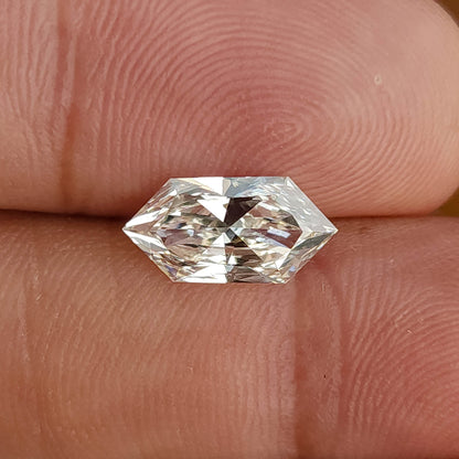 Face-up horizontal view of an elongated hexagon cut clear gem resting across human fingertips.