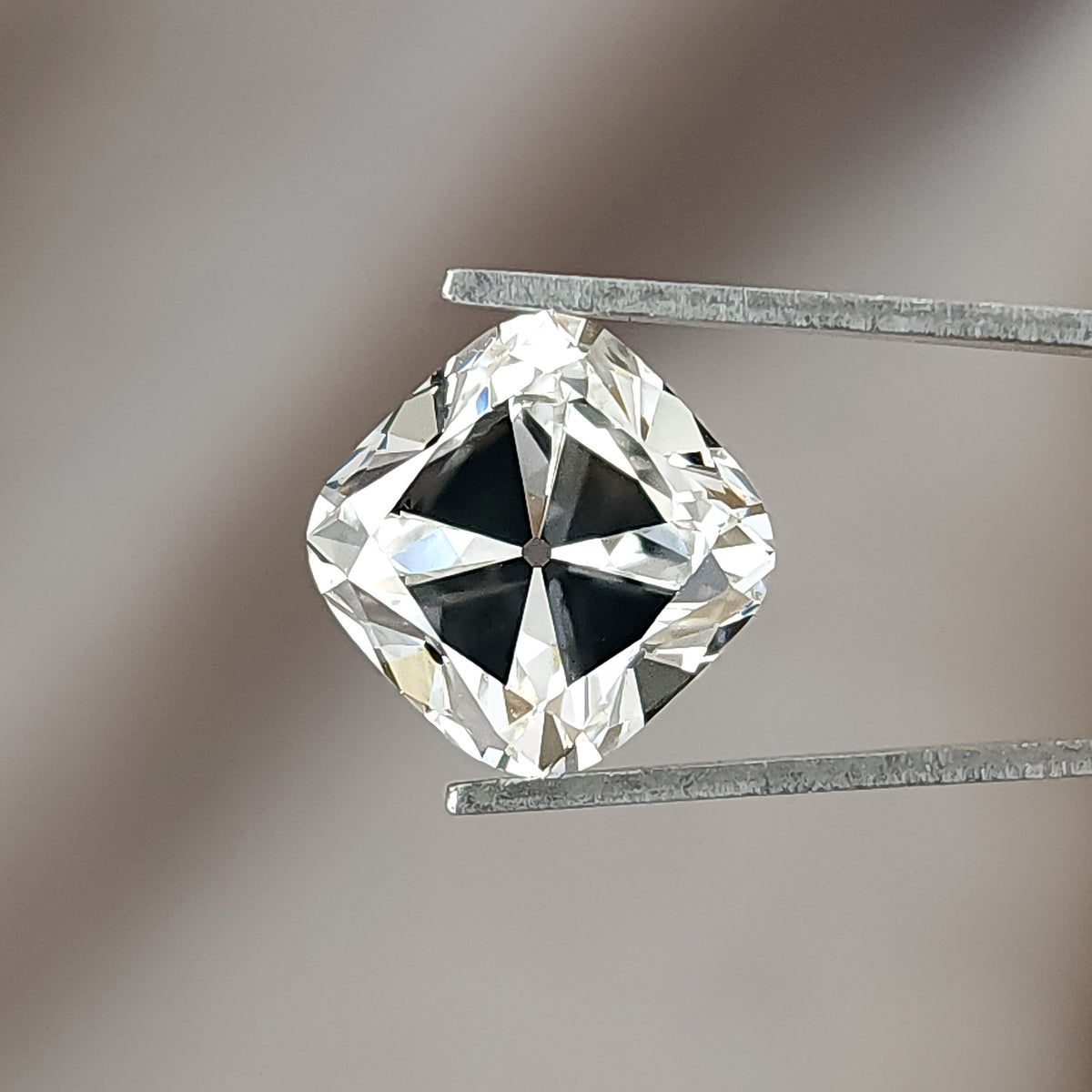 Face-up view of a colorless square cushion cut diamond held in metal tweezers against a neutral backdrop.