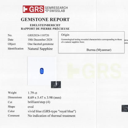 UNHEATED GRS Certified 1.79 ct. Natural Blue Sapphire Oval Burma Myanmar