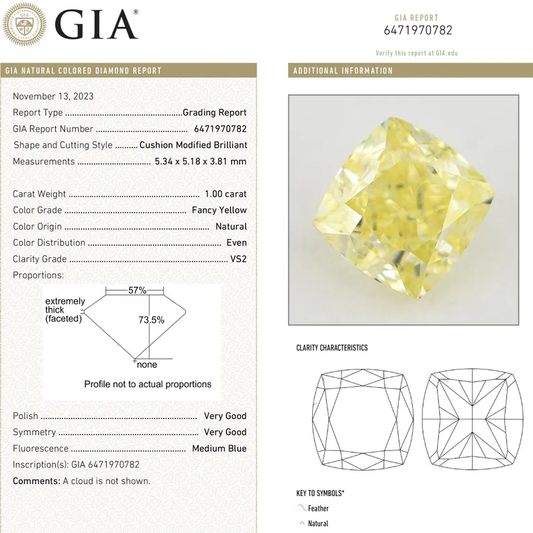 GIA Certified 1.00ct. Fancy Yellow Loose Natural Diamond Cushion VS2 Untreated|Certificate|Genuine|Yellow Diamond