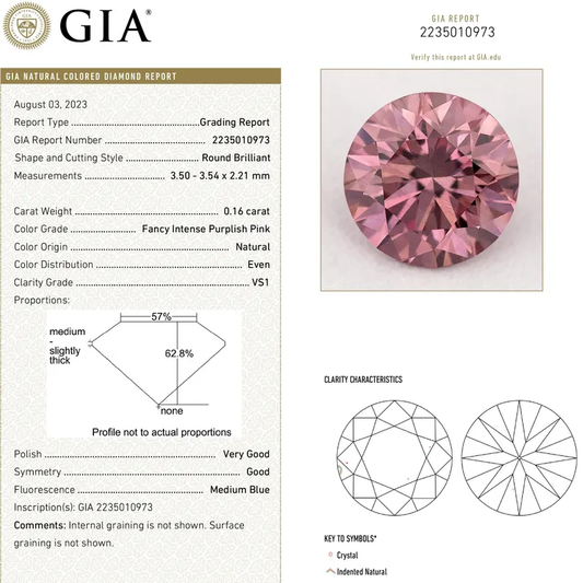 GIA Certified 0.16ct Fancy Intense Purplish Pink Natural Argyle Pink Diamond Round Brilliant VS1