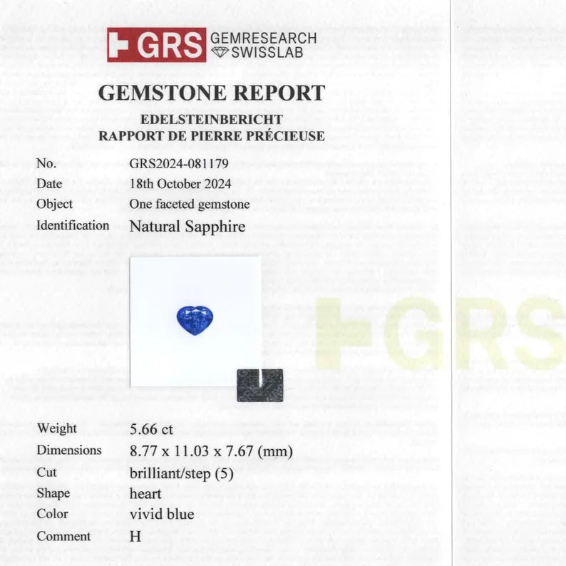GRS Certified 5.66 ct. Natural Blue Sapphire Heart Shape Heated Only|Vivid Blue