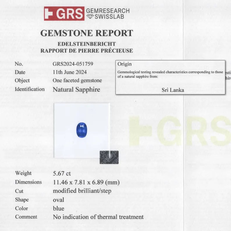 UNHEATED GRS Certified 5.67 ct. Natural Blue Sapphire Oval Ceylon Sri Lanka