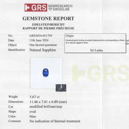 UNHEATED GRS Certified 5.67 ct. Natural Blue Sapphire Oval Ceylon Sri Lanka