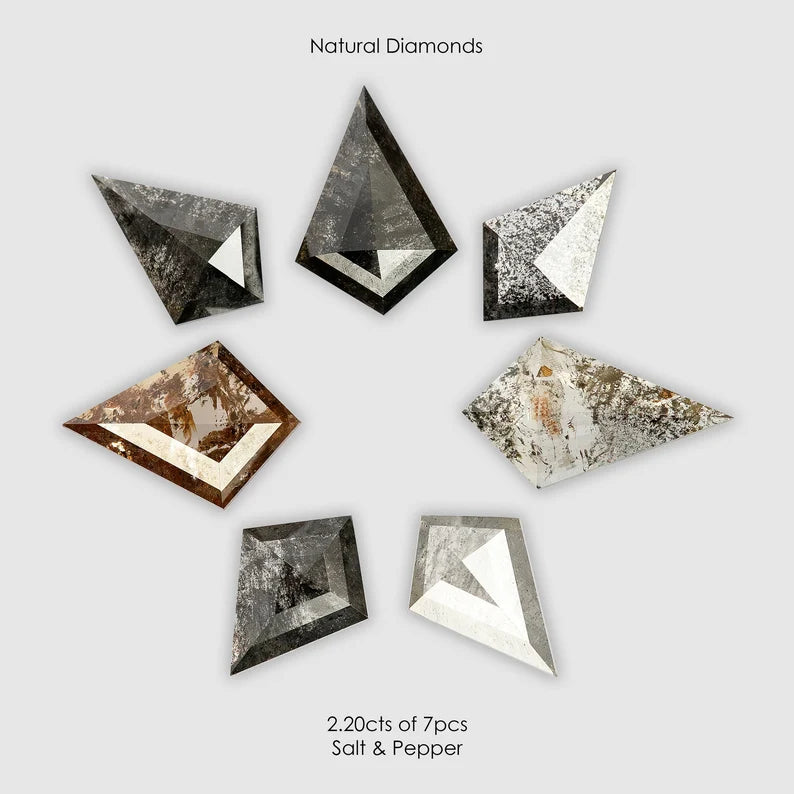 Salt & Pepper Natural Diamonds Kite Shape Selection Parcel 2.20cts 7pcs|earthmined|untreated|gray|orange|fancy cut|geometric shape|ring|band