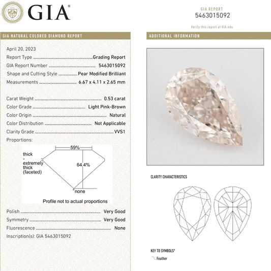 GIA Certified 0.53ct. Light Pink Brown Loose Natural Diamond Pear Drop VVS1 Untreated|Certificate|Genuine|Pink Diamond