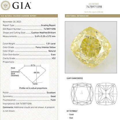 GIA Certified 1.01ct. Fancy Intense Yellow Loose Natural Diamond Cushion VS2 Untreated|Certificate|Genuine|Yellow Diamond