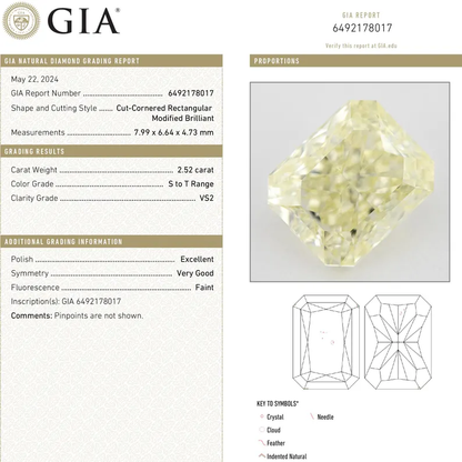 GIA Certified 2.52ct. S to T range Yellow Loose Natural Diamond Radiant Emerald VS2 Untreated|Certificate|Genuine|Yellow Diamond