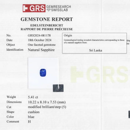 GRS Certified 5.41 ct. Natural Blue Sapphire Cushion Ceylon Sri Lanka Heated