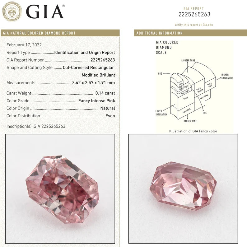 GIA Certified 0.14 Ct. Untreated Fancy Intense Pink Natural Diamond Radiant Solitaire |Custom Jewelry|Certificate|natural color|rare