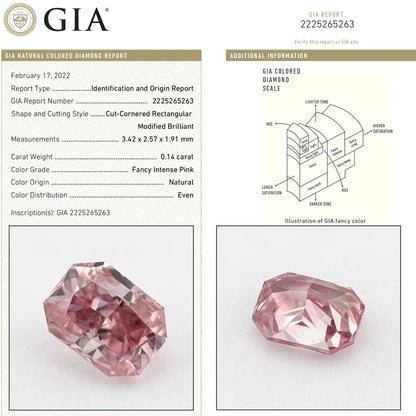 GIA Certified 0.14 Ct. Untreated Fancy Intense Pink Natural Diamond Radiant Solitaire |Custom Jewelry|Certificate|natural color|rare