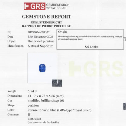 GRS Certified Royal Blue 5.54 ct. Natural Blue Sapphire Cushion Ceylon Sri Lanka Only Heat
