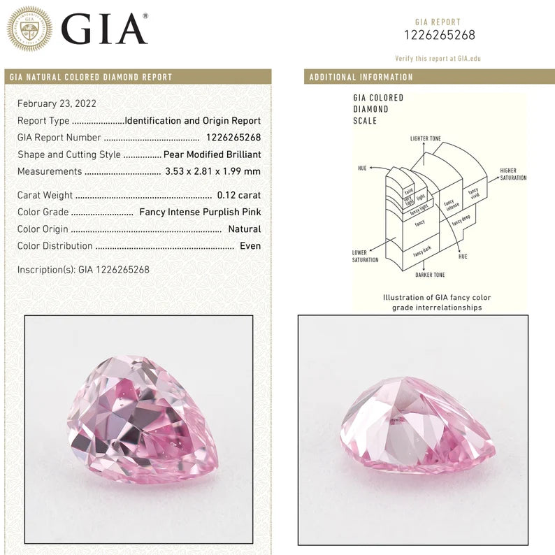 GIA Certified 0.12 Ct Untreated Fancy Intense Purple Pink Natural Diamond Pear Solitaire|Custom Jewelry|Certificate|natural color|rare