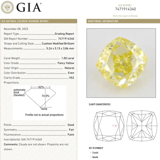 GIA Certified 1.00ct. Fancy Yellow Loose Natural Diamond Cushion VS2 Untreated|Certificate|Genuine|Yellow Diamond