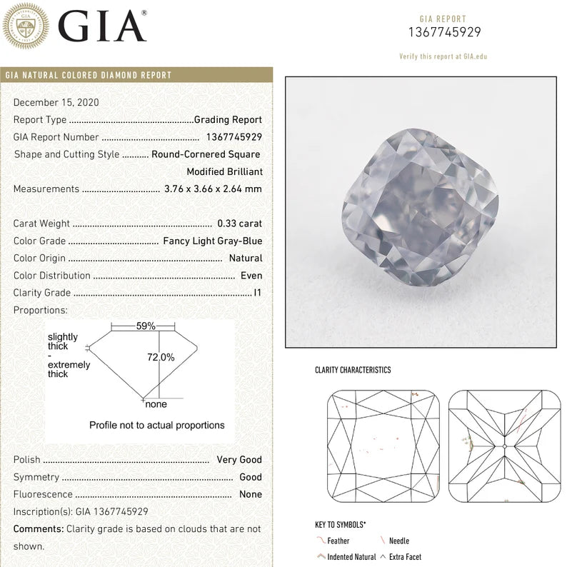 GIA Certified 0.33 Ct Untreated Fancy Light Gray Blue Natural Diamond Square Solitaire|Custom Jewelry|Certificate|natural color|rare