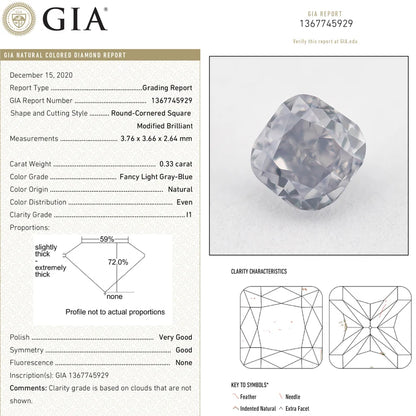 GIA Certified 0.33 Ct Untreated Fancy Light Gray Blue Natural Diamond Square Solitaire|Custom Jewelry|Certificate|natural color|rare