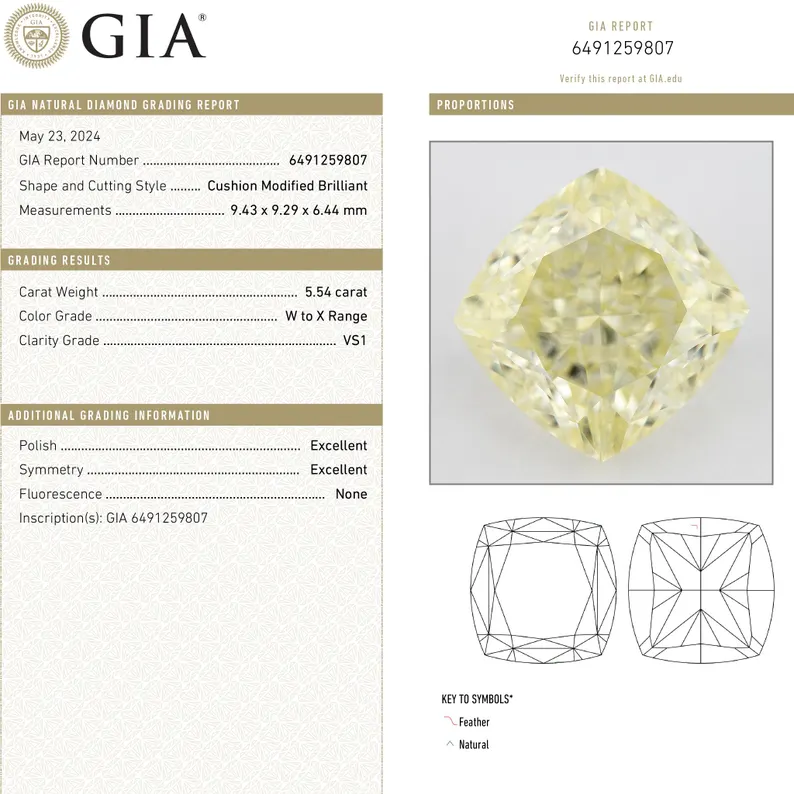 GIA Certified 5.54ct. W to X range Yellow Loose Natural Diamond Cushion VS1 Untreated|Certificate|Genuine|Yellow Diamond