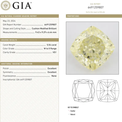 GIA Certified 5.54ct. W to X range Yellow Loose Natural Diamond Cushion VS1 Untreated|Certificate|Genuine|Yellow Diamond