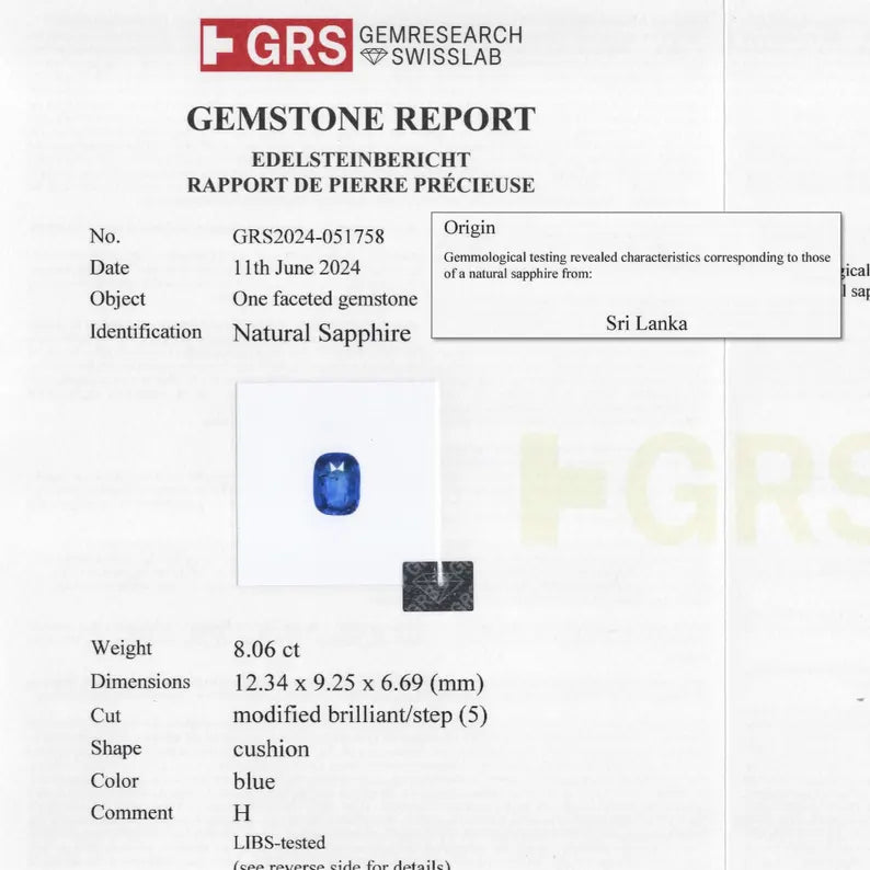GRS Certified 8.06 ct. Natural Blue Sapphire Cushion Ceylon Sri Lanka Heated