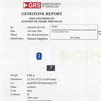 GRS Certified 8.06 ct. Natural Blue Sapphire Cushion Ceylon Sri Lanka Heated
