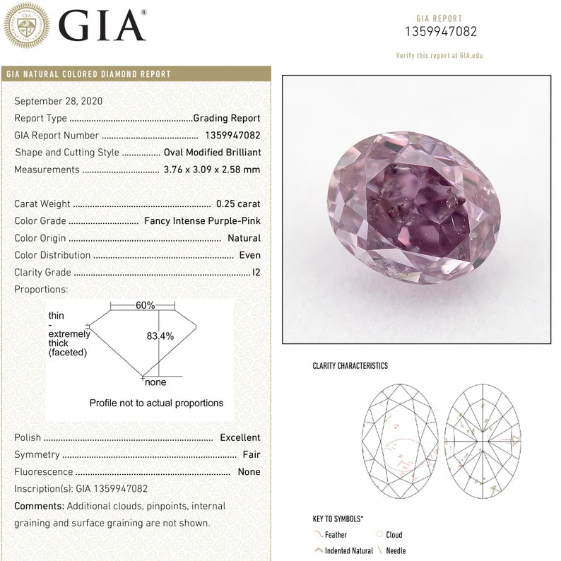GIA Certified 0.25 Ct Untreated Fancy Intense Purple Pink Natural Diamond Oval Solitaire|Custom Jewelry|Certificate|natural color|rare