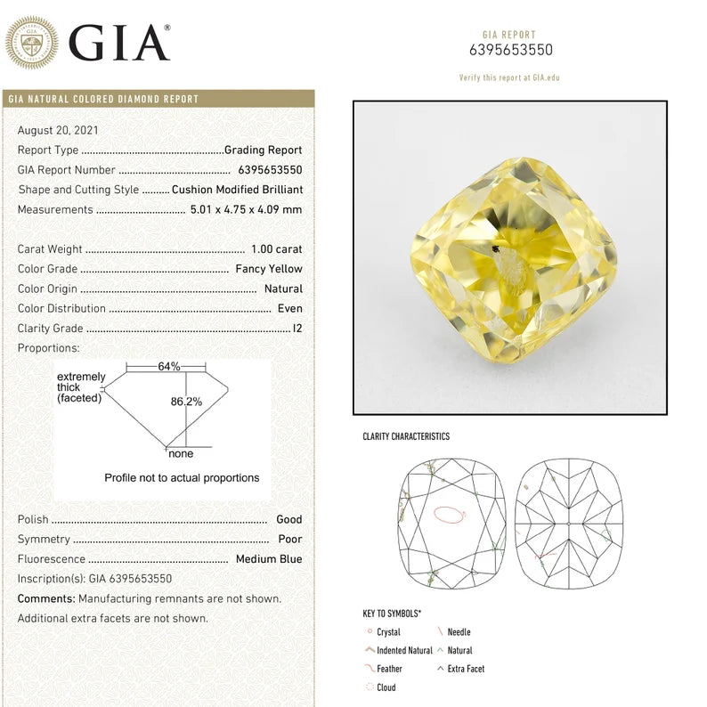 GIA Certified 1.00 Ct Untreated Fancy Yellow Natural Diamond Cushion Solitaire|Custom Jewelry|Certificate|genuine|natural color|earthmined