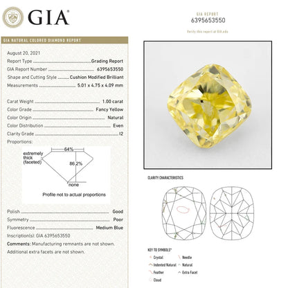 GIA Certified 1.00 Ct Untreated Fancy Yellow Natural Diamond Cushion Solitaire|Custom Jewelry|Certificate|genuine|natural color|earthmined
