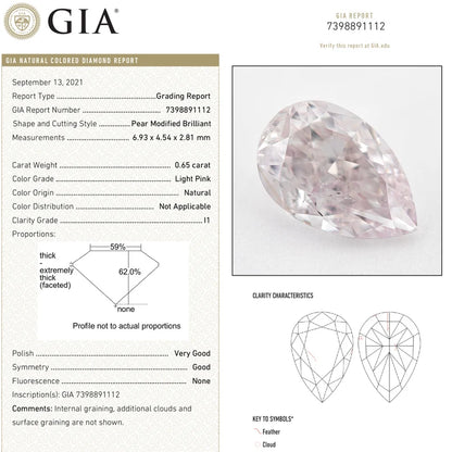 GIA Certified 0.65 Ct Untreated Light Pink Natural Diamond Pear Solitaire|Custom Jewelry|Certificate|natural color|rare