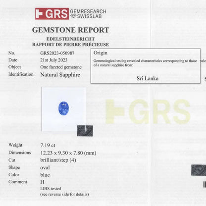 GRS Certified 7.19 ct. Natural Blue Sapphire Oval Ceylon Sri Lanka Heat Only