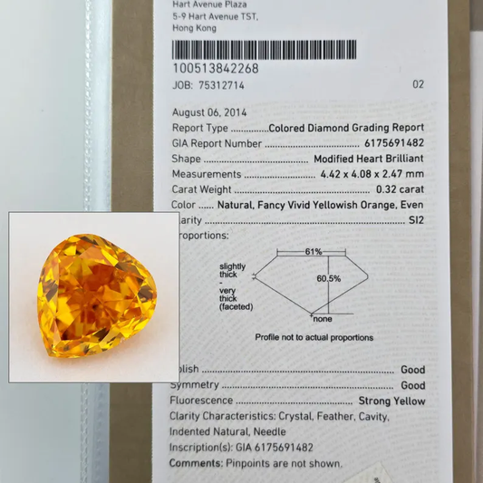 GIA Certified 0.32ct Fancy Vivid Yellowish Orange Natural Orange Diamond Heart SI2