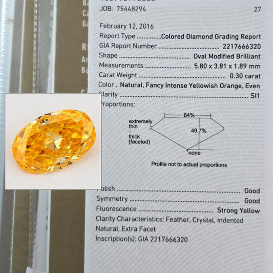 GIA Certified 0.30ct Fancy Intense Yellow Orange Natural Orange Diamond Oval SI1