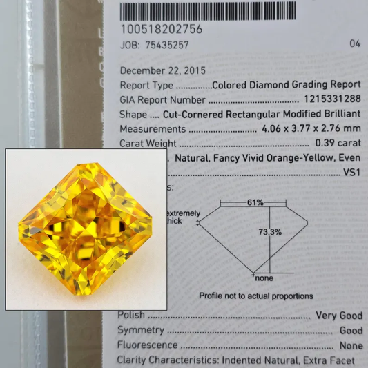 GIA Certified 0.39ct Fancy Vivid Orange Yellow Natural Diamond Radiant Emerald VS1
