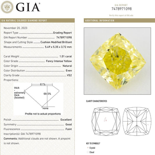GIA Certified 1.01ct. Fancy Intense Yellow Loose Natural Diamond Cushion VS2 Untreated|Certificate|Genuine|Yellow Diamond