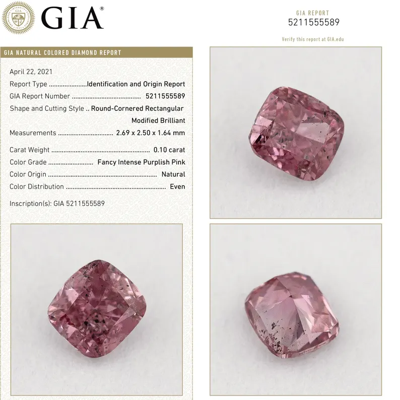 GIA Certified 0.10ct Fancy Intense Purplish Pink Natural Argyle Pink Diamond Cushion Brilliant