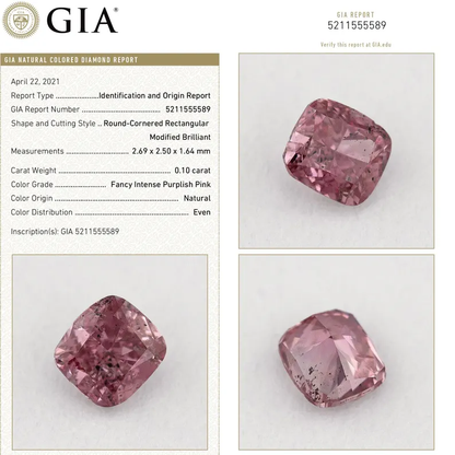 GIA Certified 0.10ct Fancy Intense Purplish Pink Natural Argyle Pink Diamond Cushion Brilliant