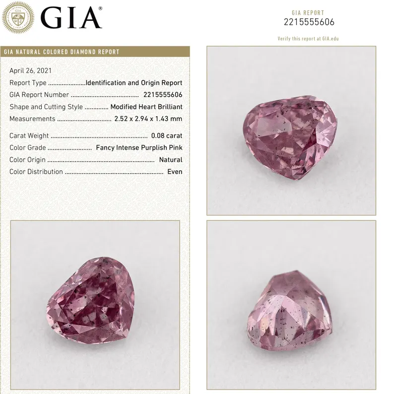 GIA Certified 0.8ct Fancy Intense Purplish Pink Natural Argyle Pink Diamond Heart Brilliant